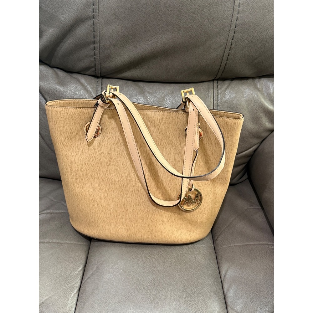 Michael Kors Beige Leather Tote Bag Gold Hardware MK Logo Charm Shoulder Bag